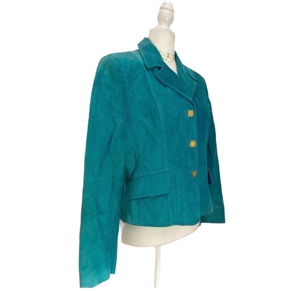 Burberry Turquoise Suede Jacket with Insignia Buttons VTG - Picture 3 of 10